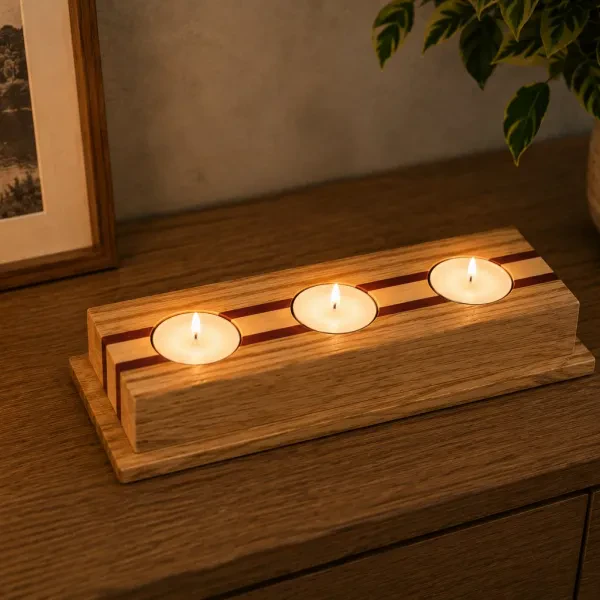 Padauk Şeritli Üçlü Mumluk