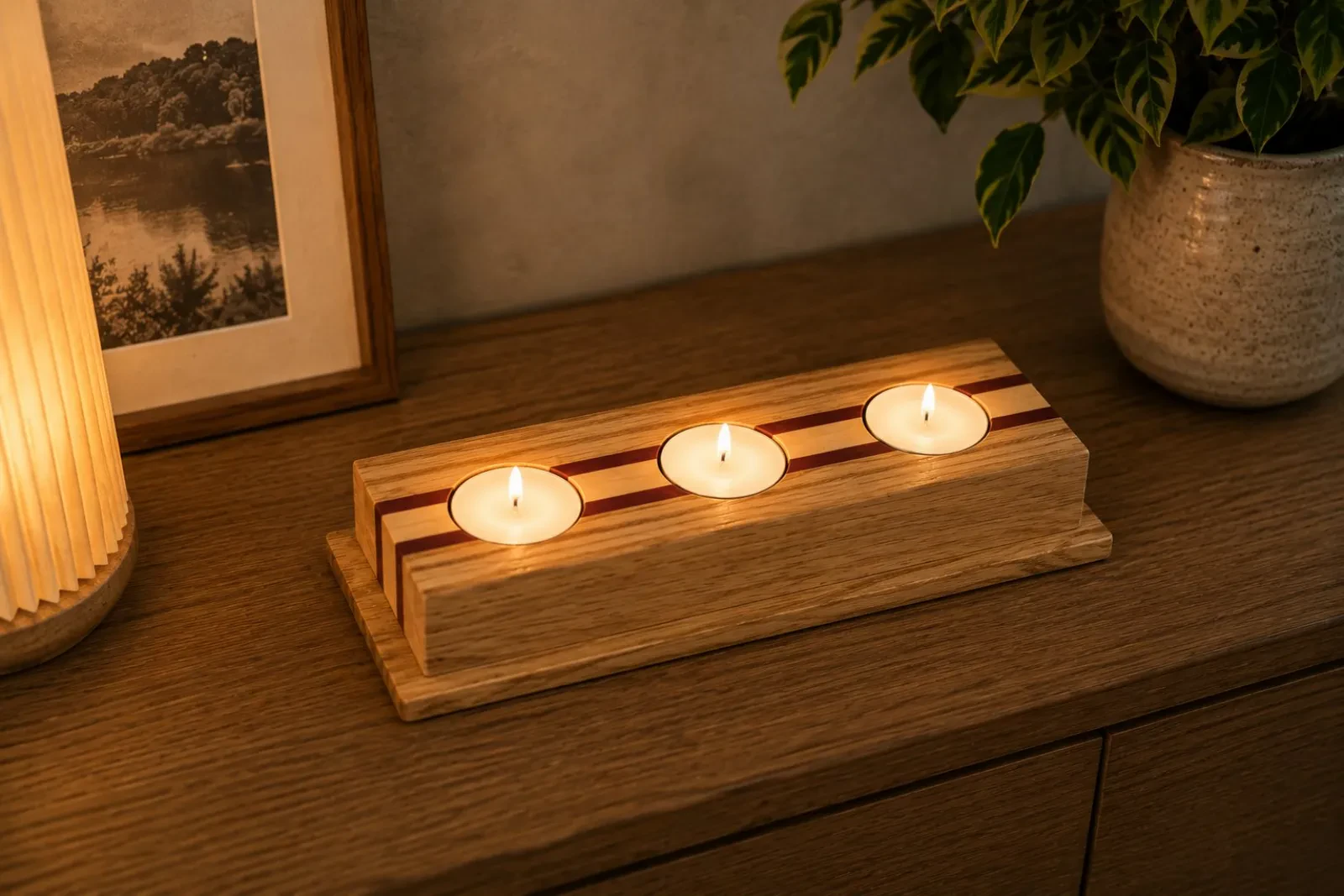 Padauk Şeritli Üçlü Mumluk